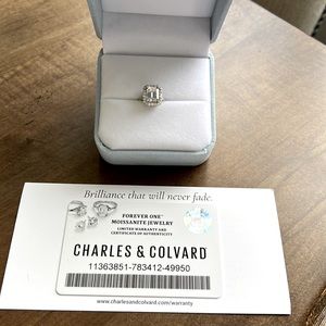 Charles and Colvard Forever One Signature Emerald Moissanite Ring With Halo 4.5